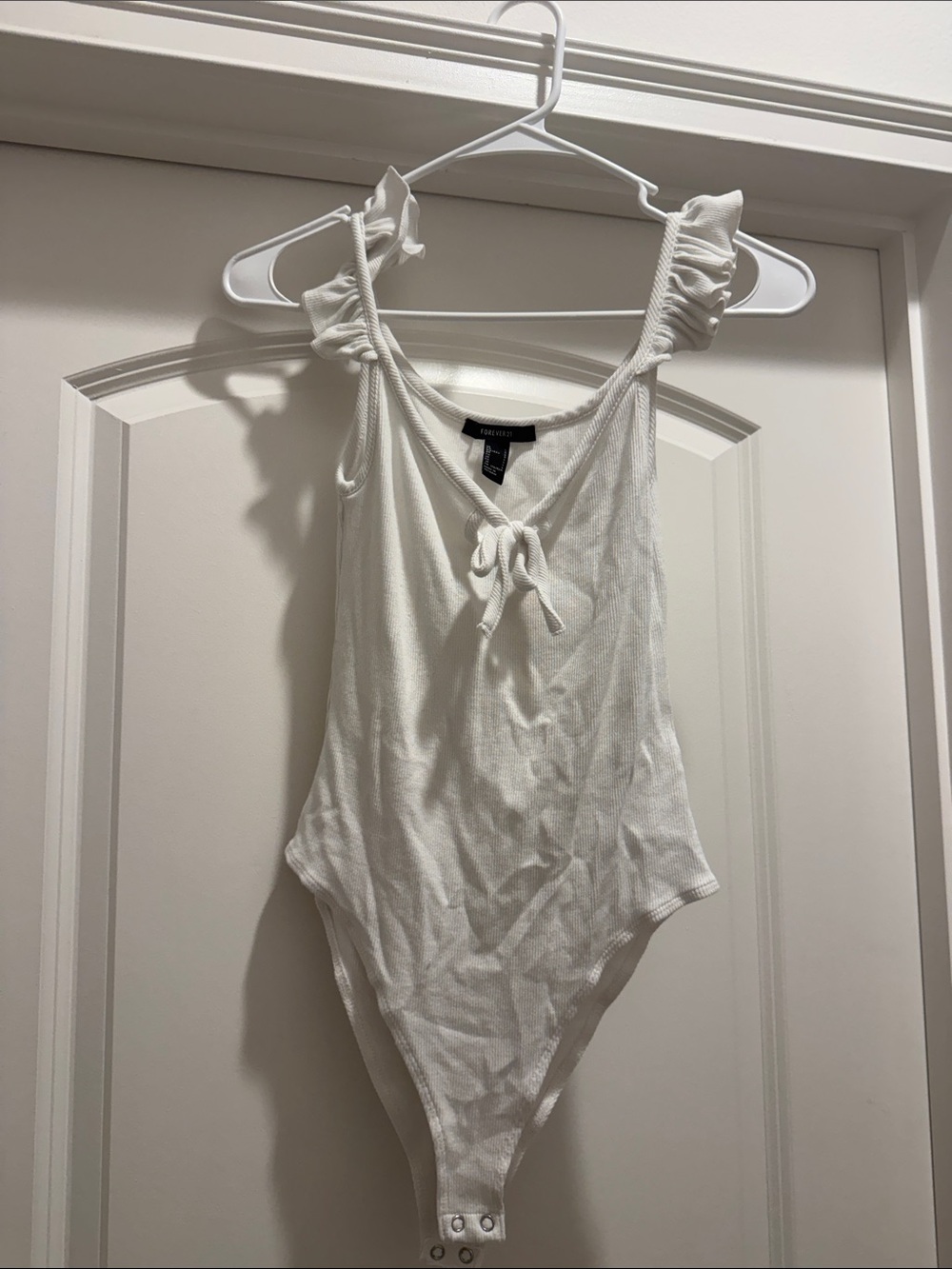 Forever 21 White Ruffle Strap Ribbed Bodysuit
